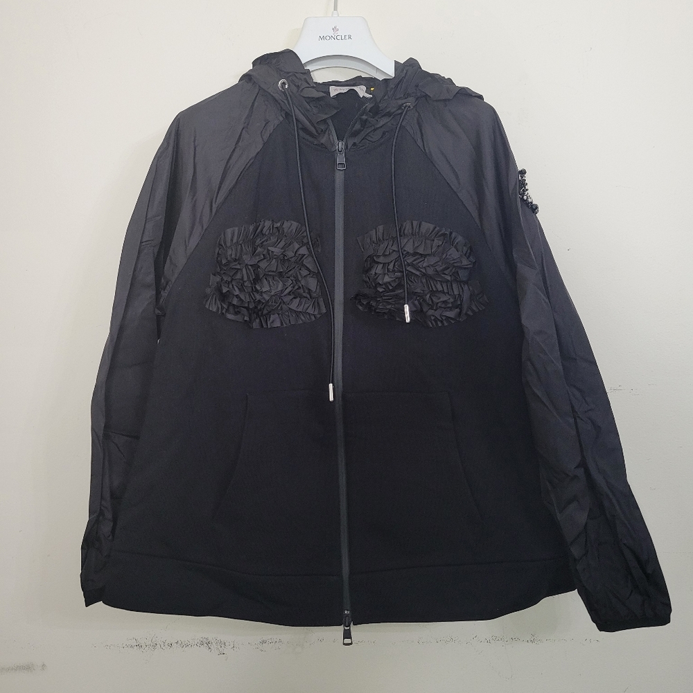 Moncler genius women's sweatshirt zip up hoodie with ruffles black nwt size M
